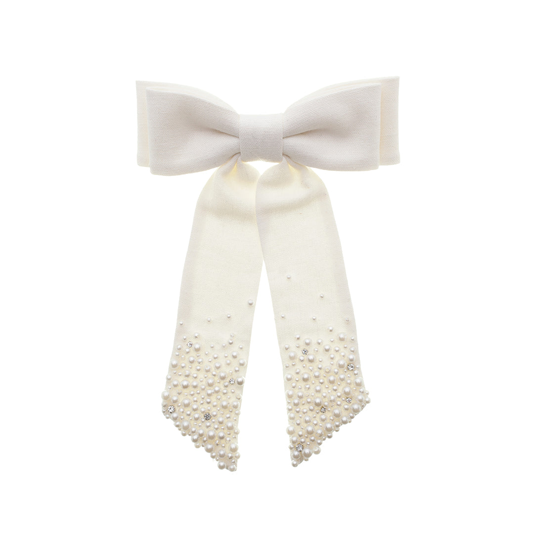 Laço de Cabelo Roberta Linho Off White Bordado de Pérolas