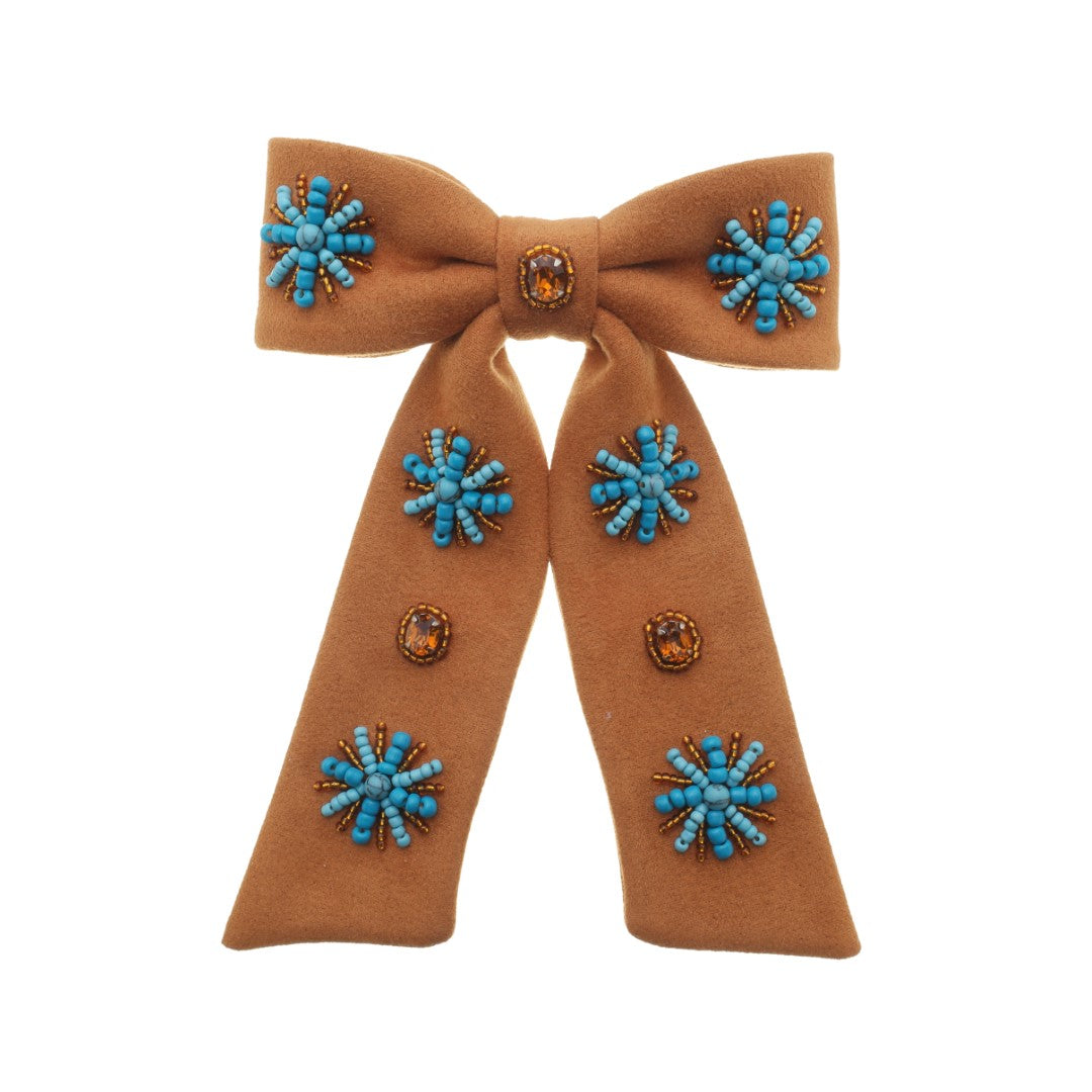 Laço de Cabelo Aline Boho Suede Caramelo Bordado