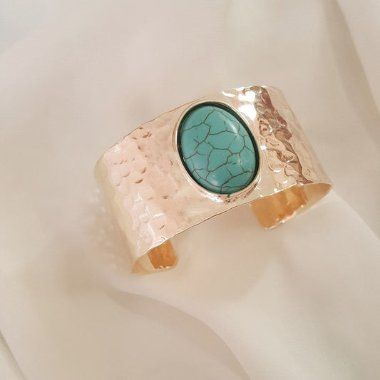 Bracelete Sabrina Largo Matelado Oval Howlita Turquesa Folheado a Ouro 18k