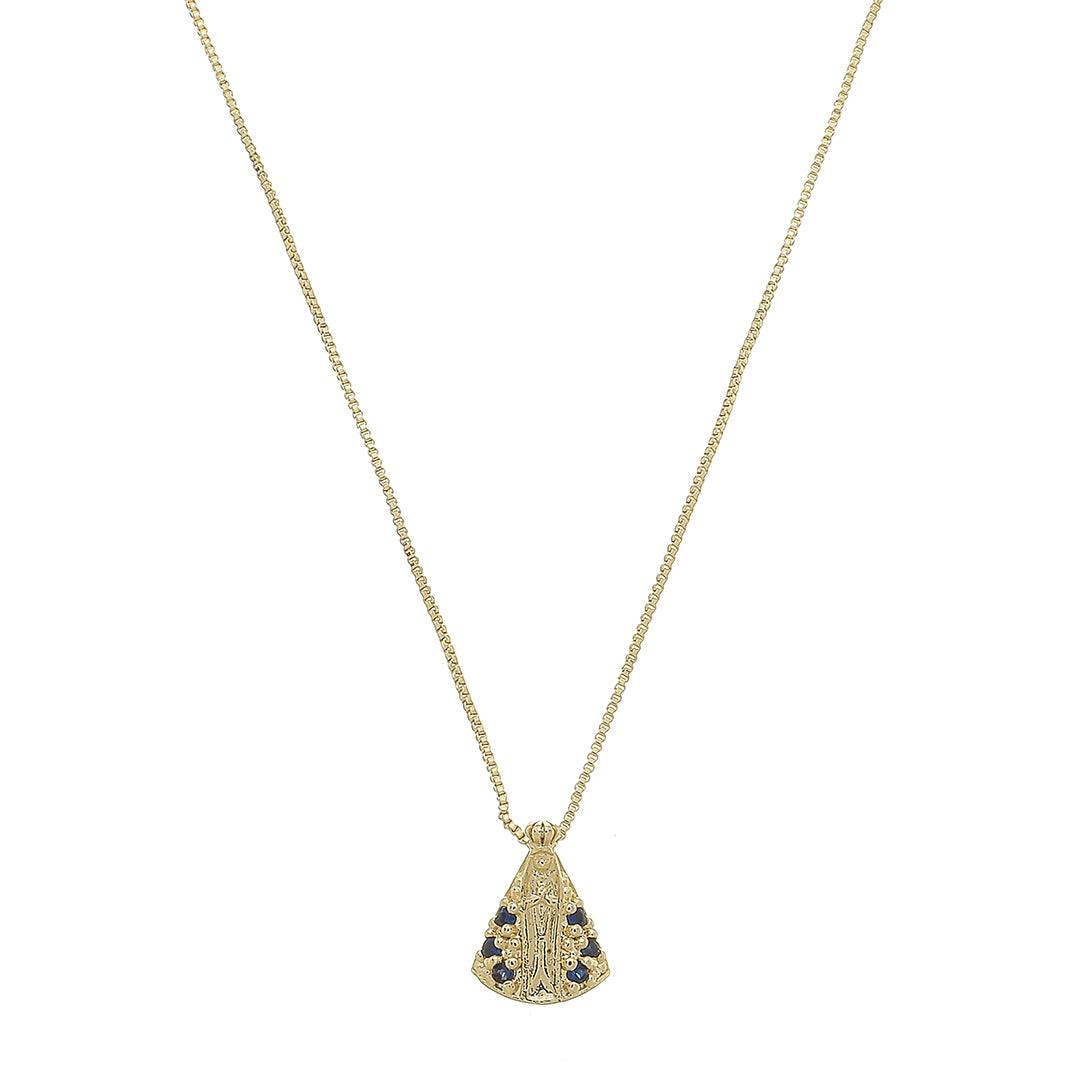 Colar Nossa Senhora Aparecida Mini Zircônias Safira Folheado a Ouro 18k