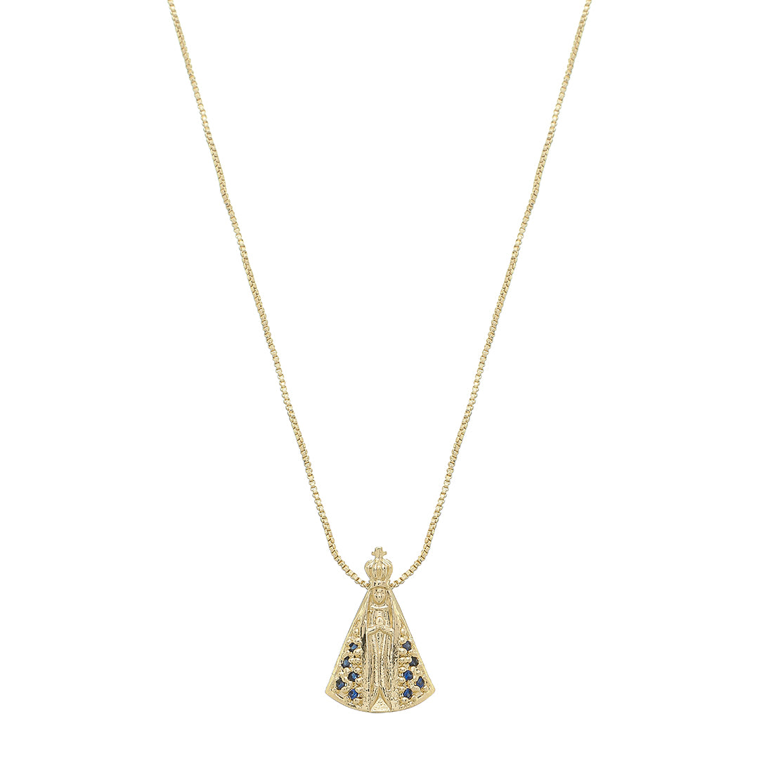 Colar Nossa Senhora Aparecida Pequena Zircônias Safira Folheado a Ouro 18k