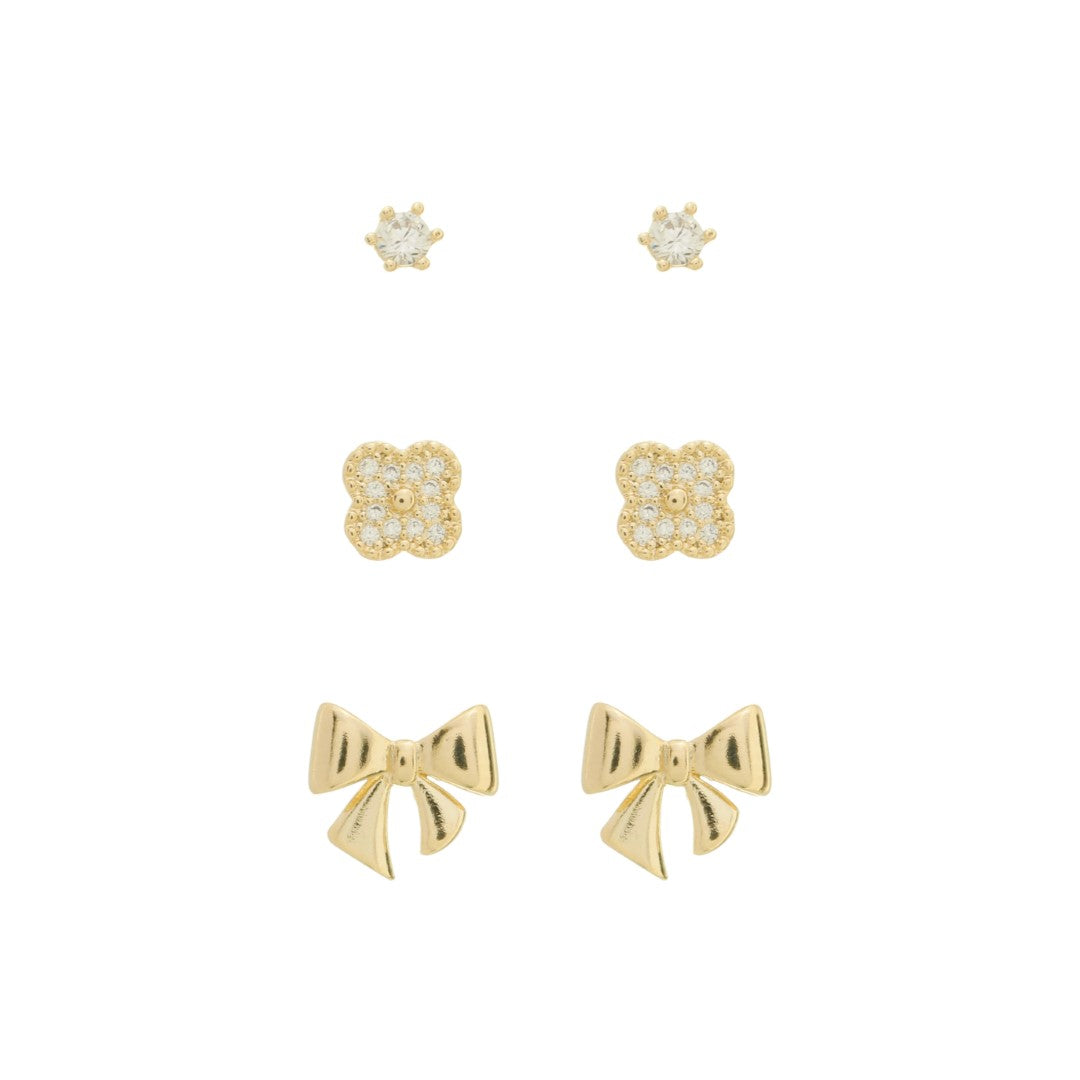 Trio de Brincos Jude Lacinho Ponto de Luz Zircônias Folheado a Ouro 18k