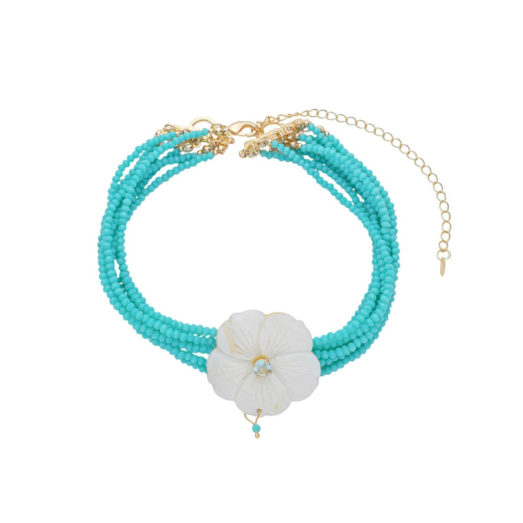 Brinco Jaque Flor Madrepérola Zircônia Cristais Turquesa Folheado a Ouro 18k