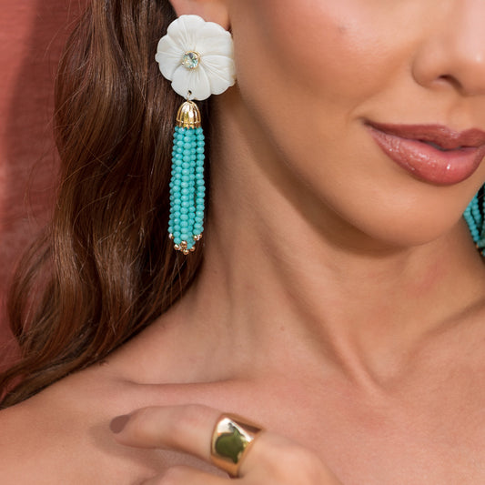 Brinco Jaque Flor Madrepérola Zircônia Cristais Turquesa Folheado a Ouro 18k