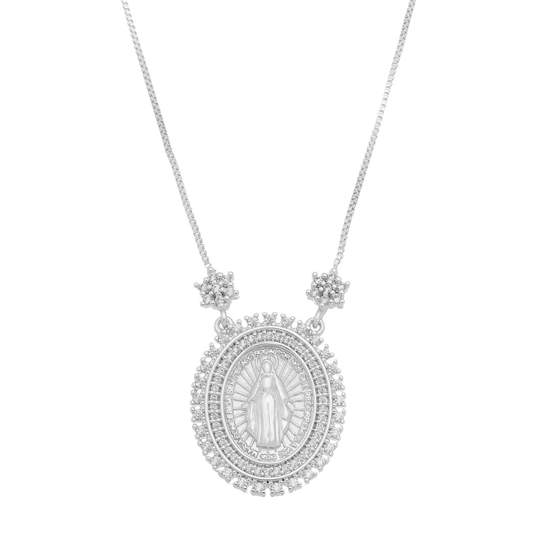 Colar Piuka Medalha Oval Nossa Senhora das Graças Zircônias Folheado em Ródio Branco