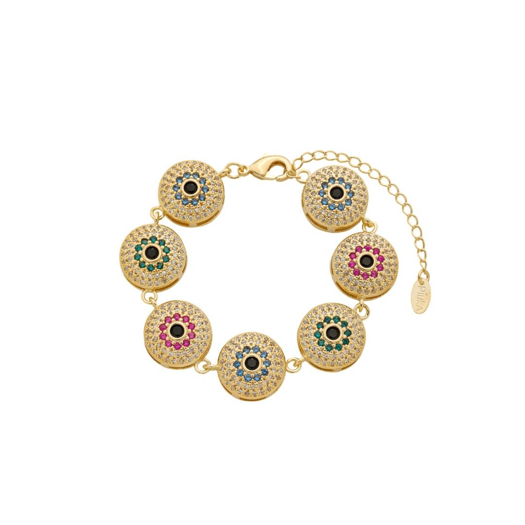 Pulseira Olho Grego Catarina Zircônias Coloridas Folheada a Ouro 18k