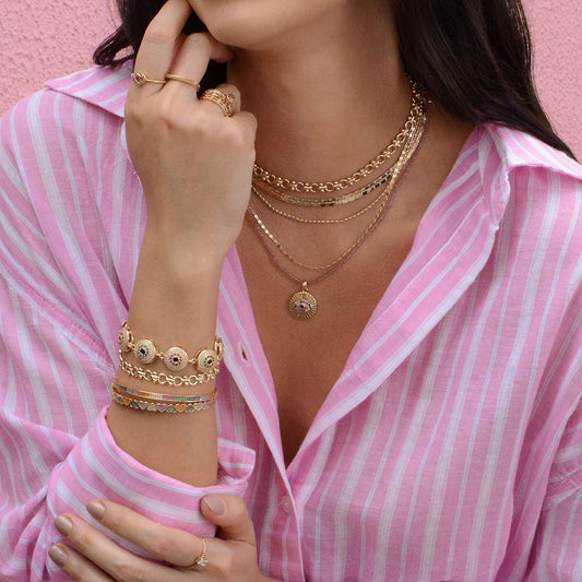 Pulseira Olho Grego Catarina Zircônias Coloridas Folheada a Ouro 18k