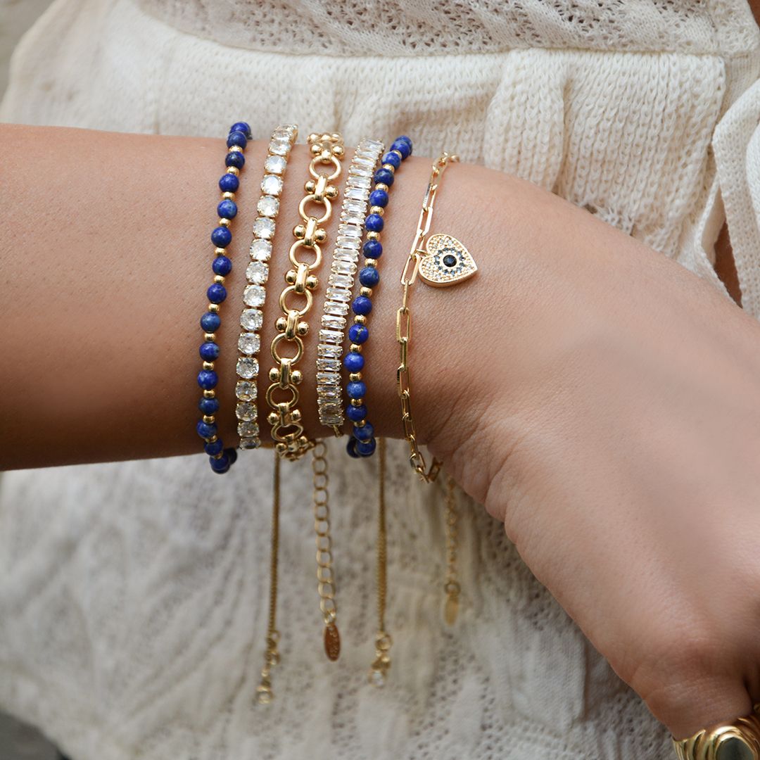 Pulseira Elos Judy Pingente Coração Olho Grego Zircônias Folheado a Ouro 18k