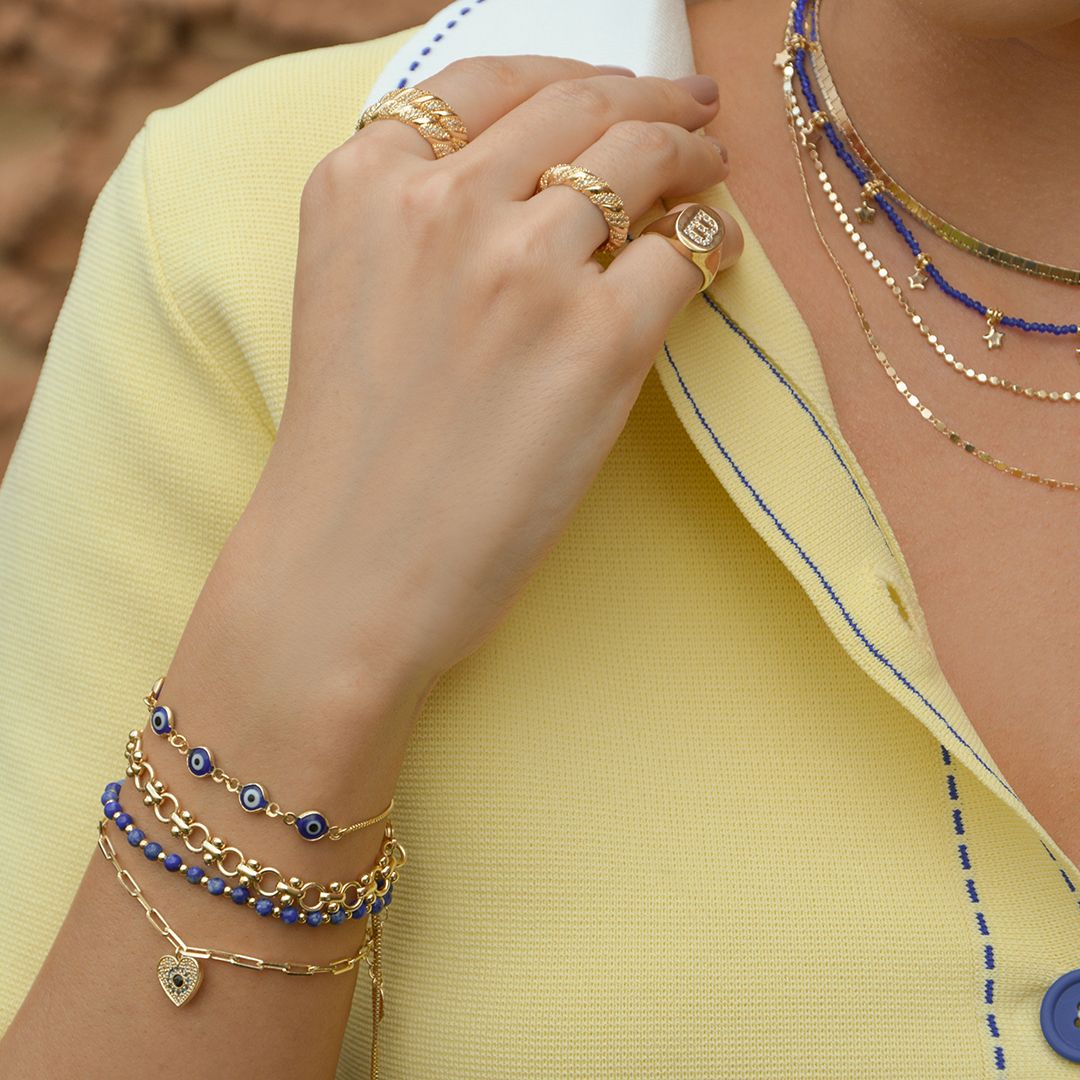 Pulseira Elos Judy Pingente Coração Olho Grego Zircônias Folheado a Ouro 18k