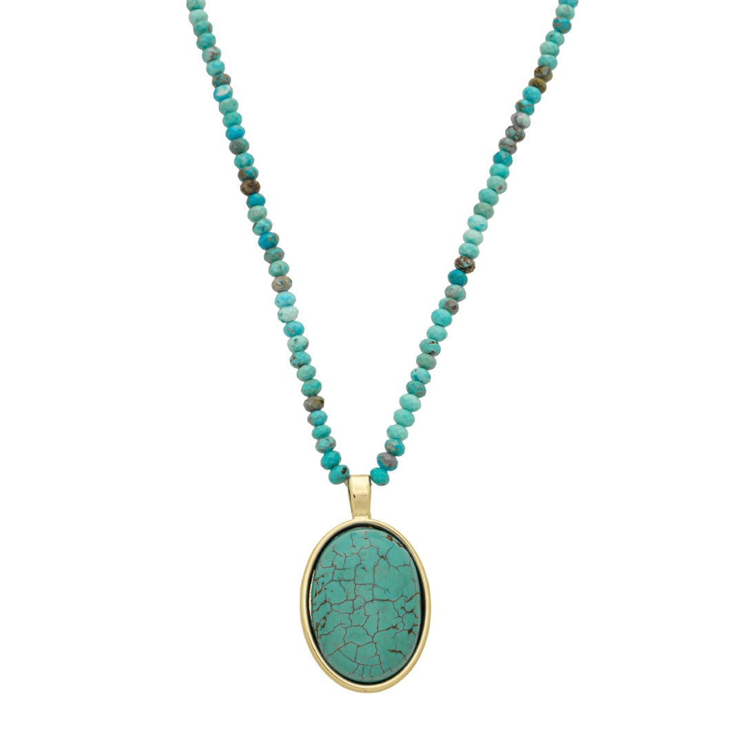 Colar Clara Cristais Pingente Oval Pedra Turquesa Folheado a Ouro 18k