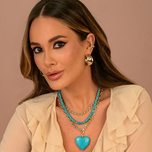Colar Ananda Elos Coração Pedra Turquesa Folheado a Ouro 18k