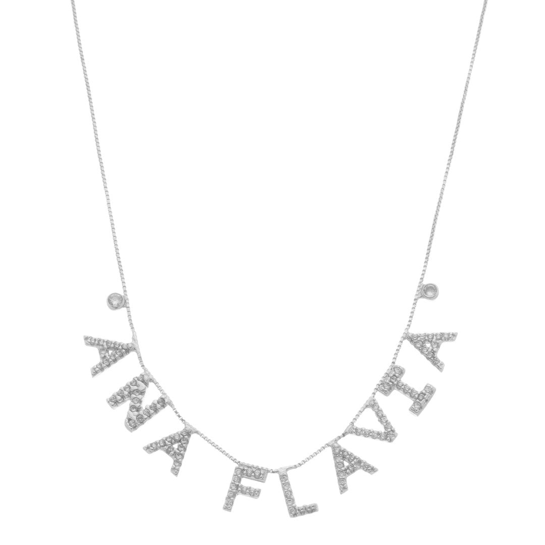 Colar Personalizado Nome Cravejado Ponto de Luz Zircônias Folheado em Ródio Branco