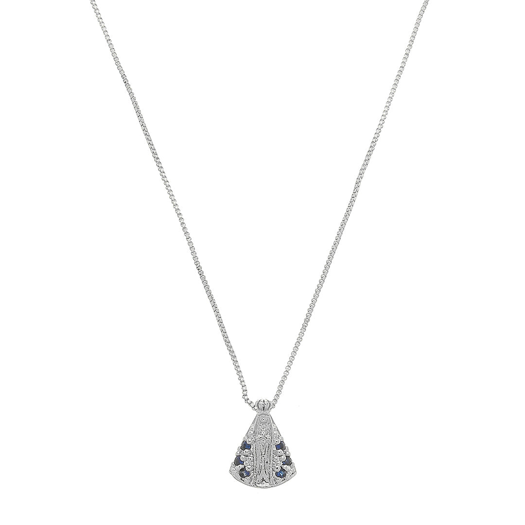 Colar Nossa Senhora Aparecida Mini Zircônias Safira Folheado em Ródio Branco