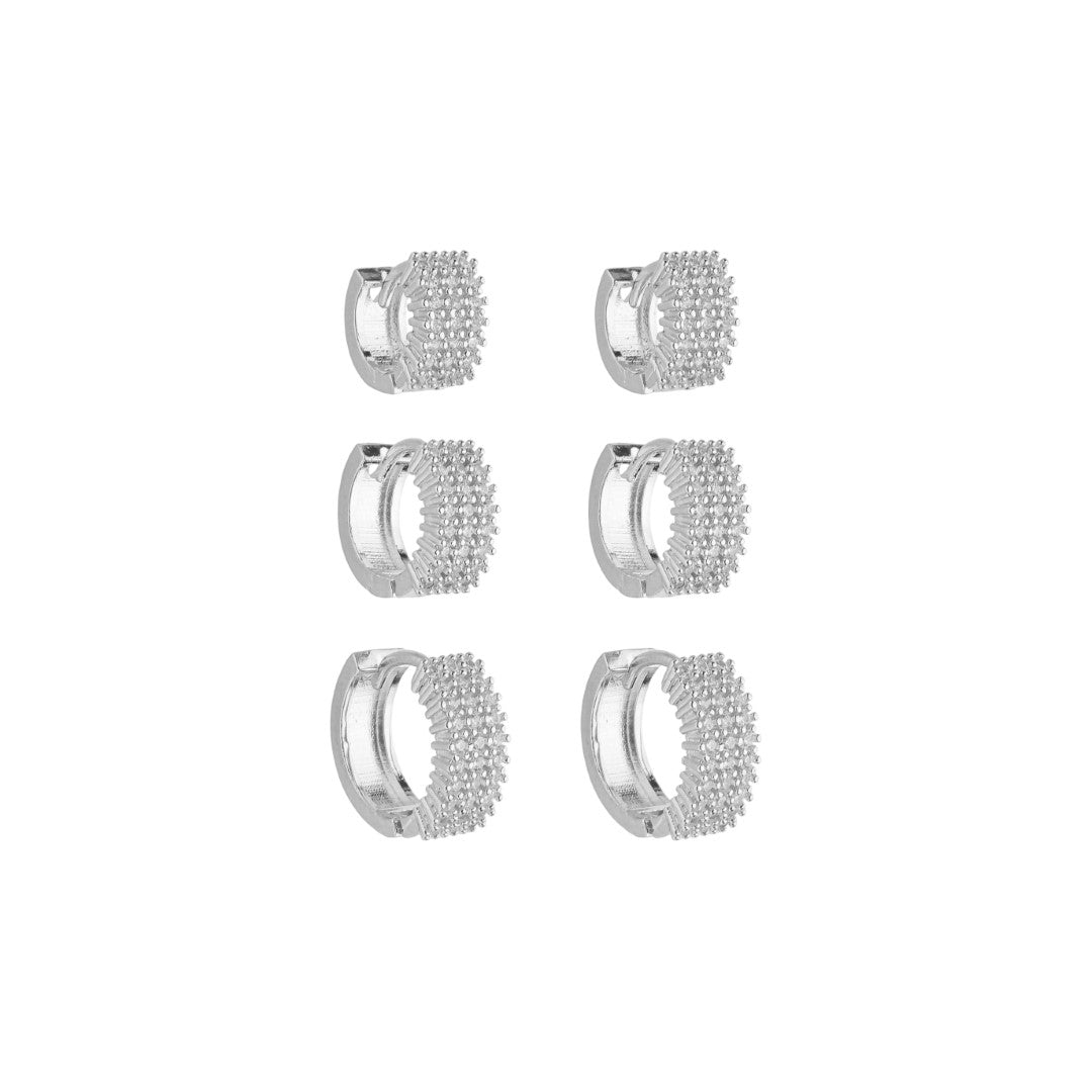 Trio de Brincos Argolinhas Bruna Zircônias Folheado em Ródio Branco