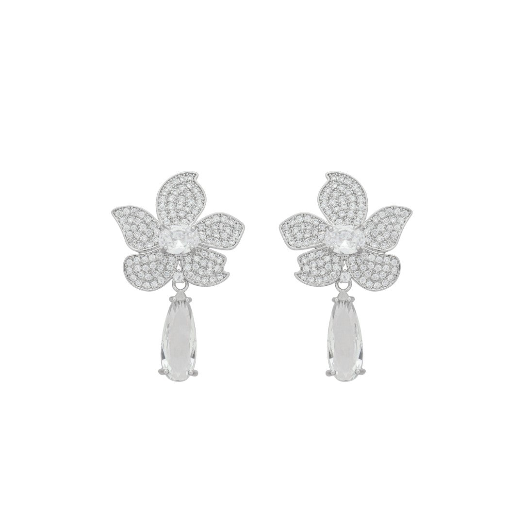 Brinco Flor Penélope Zircônias Folheado em Ródio Branco