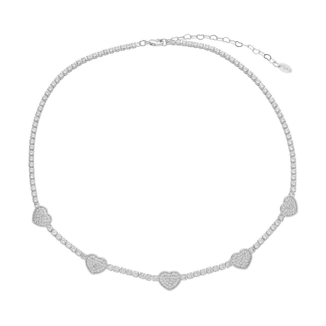 Colar Riviera Dora Corações Folheado em Ródio Branco