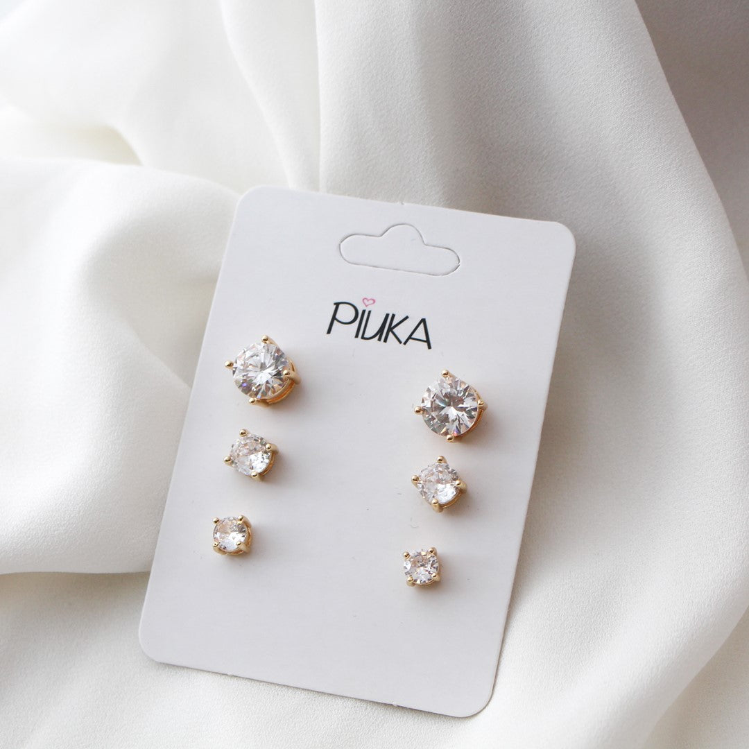 Trio de Brinco Ponto de Luz Camila Zircônia Folheado a Ouro 18k