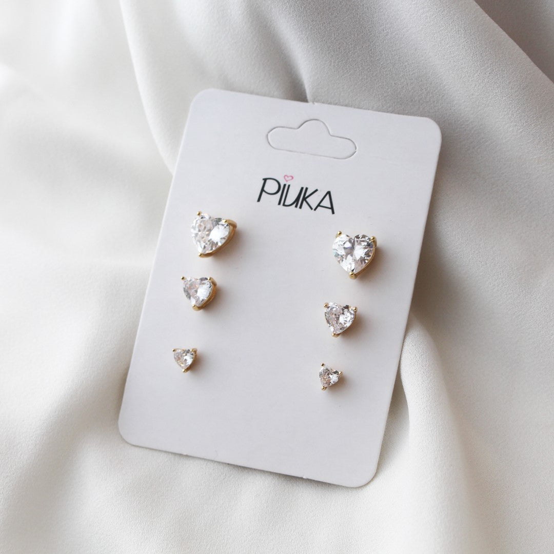 Trio de Brinco Coração Lolita Zircônia Folheado a Ouro 18k