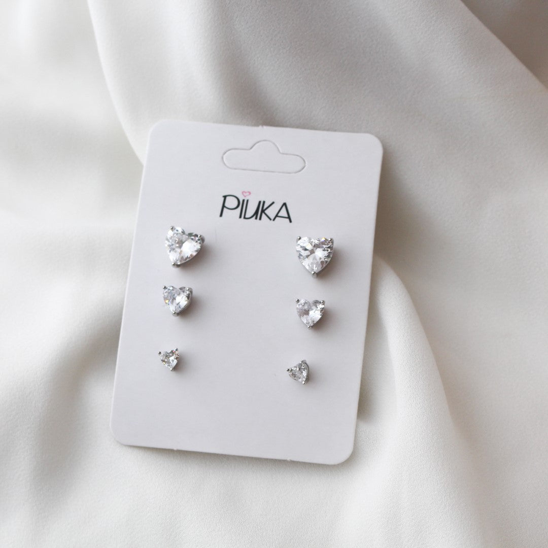 Trio de Brinco Coração Lolita Zircônia Folheado em Ródio Branco