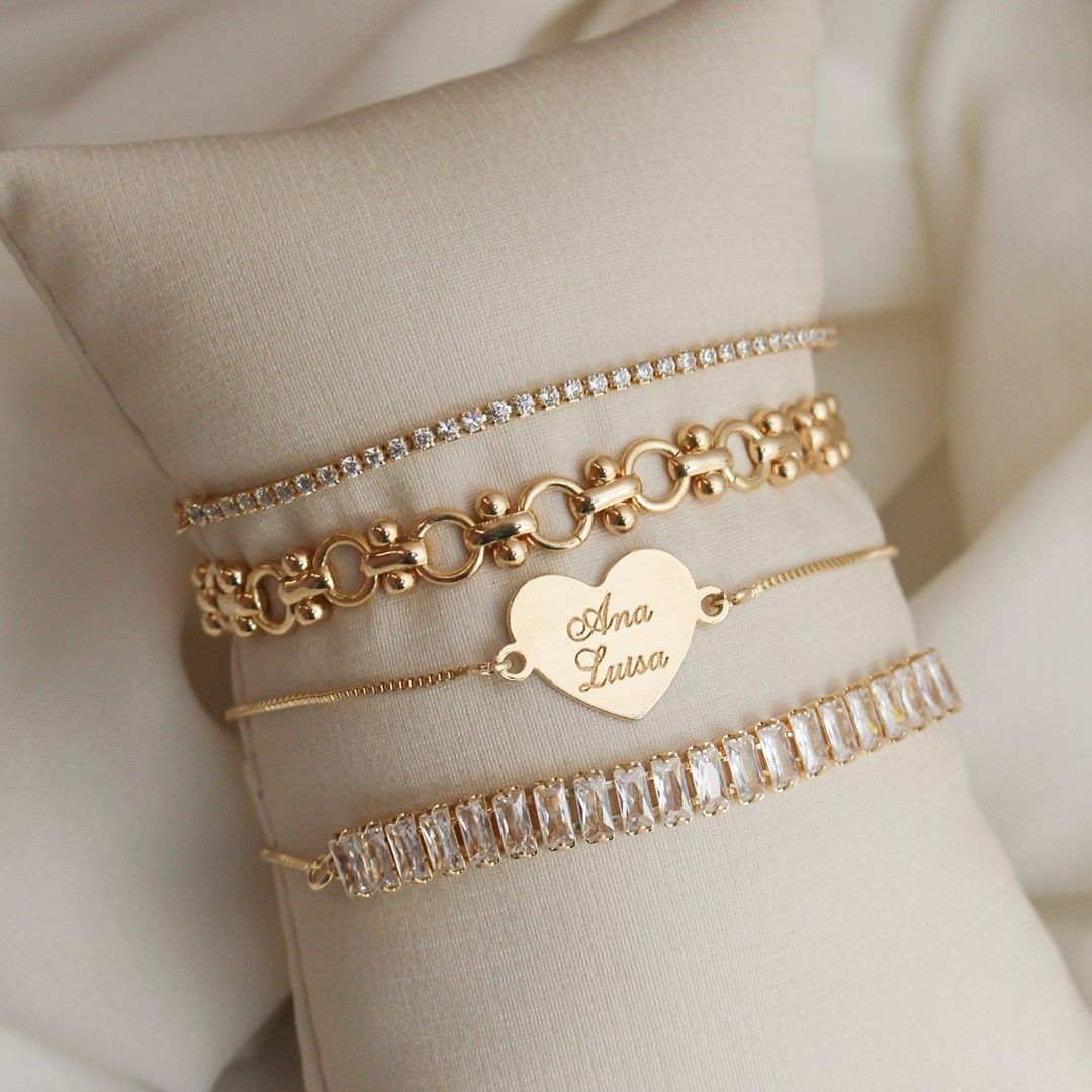 Pulseira Ajustável Personalizada Nome Coração Folheada a Ouro 18k
