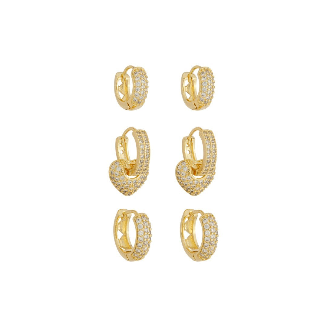 Trio de Argolinhas Brenda Coração Zircônias Folheado a Ouro 18k