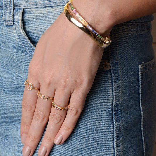 Anel Sky Semi Aberto Lua Estrela Zircônias Coloridas Folheado a Ouro 18k