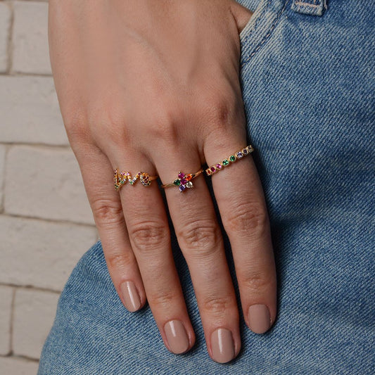 Anel Anne Flor Zircônias Coloridas Folheado a Ouro 18k