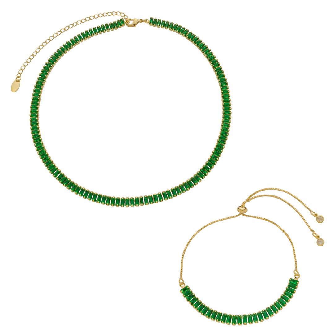 Conjunto Choker Riviera Taylor e Pulseira Riveira Zircônias Esmeralda Folheado a Ouro 18k