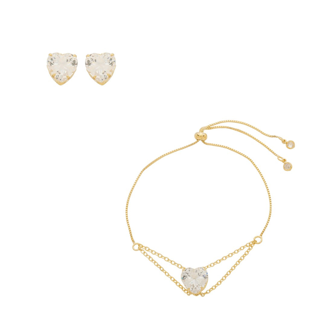 Conjunto Pulseira e Brinco Eloá Coração Zircônia Folheado a Ouro 18k