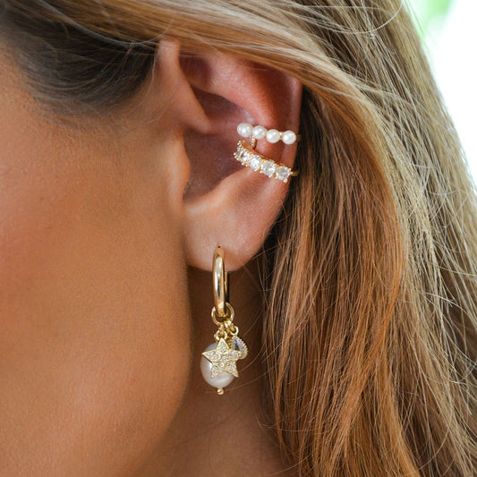 Brinco de Argolinha Vanessa Pérola Estrela Zircônias Folheado a Ouro 18k