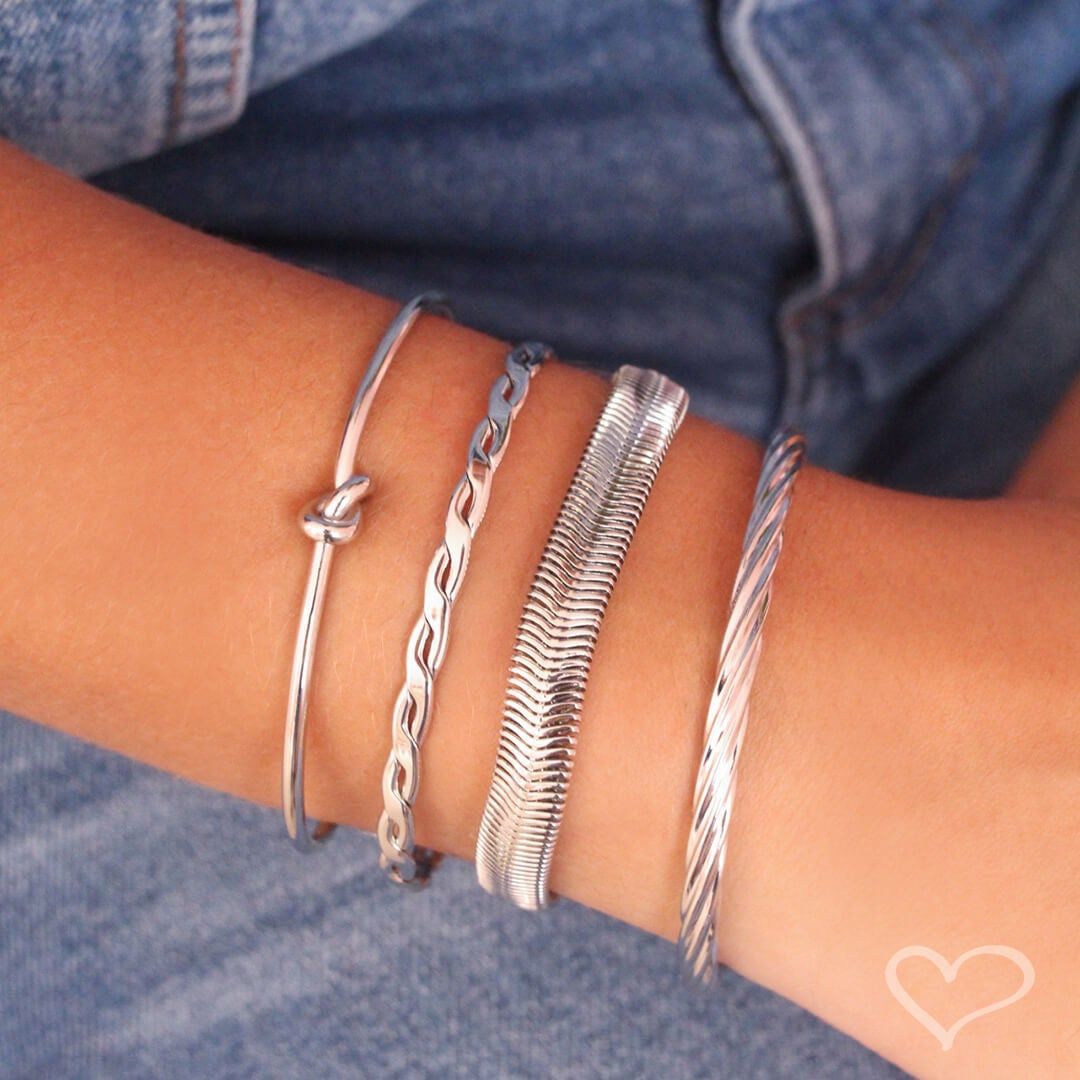 Mix Pulseira Malha Metal E Braceletes Ródio Branco