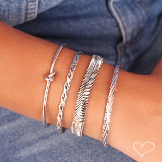 Mix Pulseira Malha Metal E Braceletes Ródio Branco