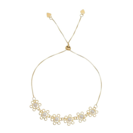 Pulseira Folheada em Ouro 18k Ajustável Olívia Flor e Mini Pérola