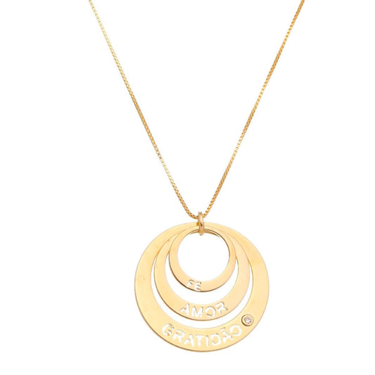 Colar Longo Life Círculos Fé, Amor e Gratidão Folheado a Ouro 18k