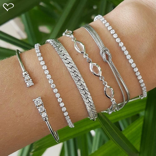 Pulseira Ajustável Folheada em Ródio Branco Corrente Diamantada Piuka