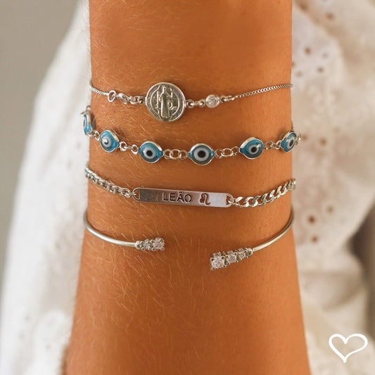 Pulseira Ajustável Folheada em Ródio Branco Grécia Olho Grego Pequeno Piuka