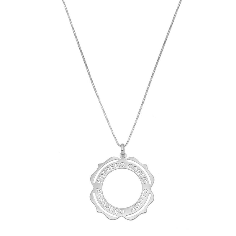 Colar Mandala Entrego Confio Aceito Agradeço Folheado em Ródio Branco Piuka