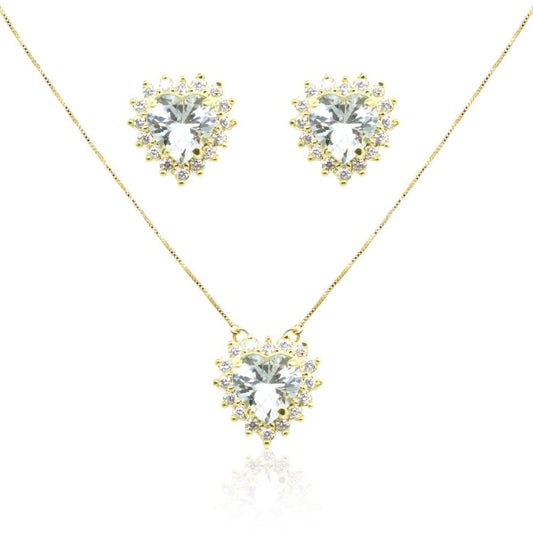 Conjunto Piuka Colar e Brinco Coração Cristal Zircônias Cravejadas Semijoia a Ouro 18k