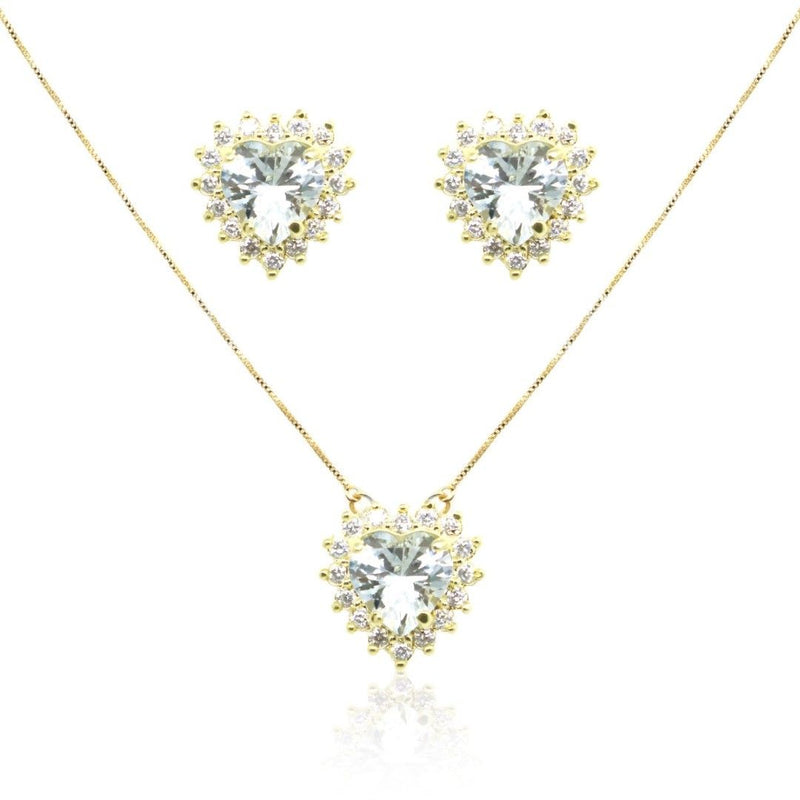 Conjunto Piuka Colar e Brinco Coração Cristal Zircônias Cravejadas Semijoia a Ouro 18k