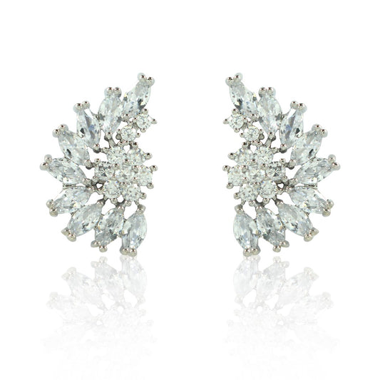 Brinco Piuka Janaina Leque Flor Navetes Folheado em Ródio Branco