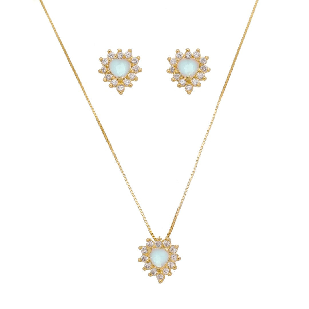 Conjunto Brinco Colar Coração Acqua Cravejado Zircônia Semijoia em Ouro 18k