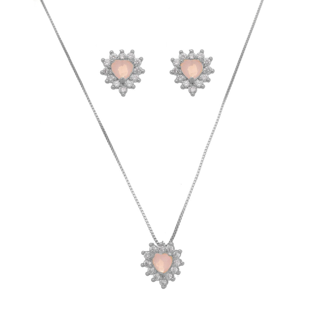 Conjunto Brinco Colar Coração Rosa Cravejado Zircônia Prata