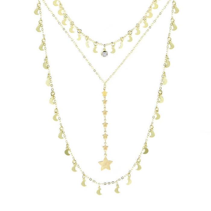 Mix 3 Colares Eclipse Lua e Estrelas Folheado a Ouro 18k Piuka