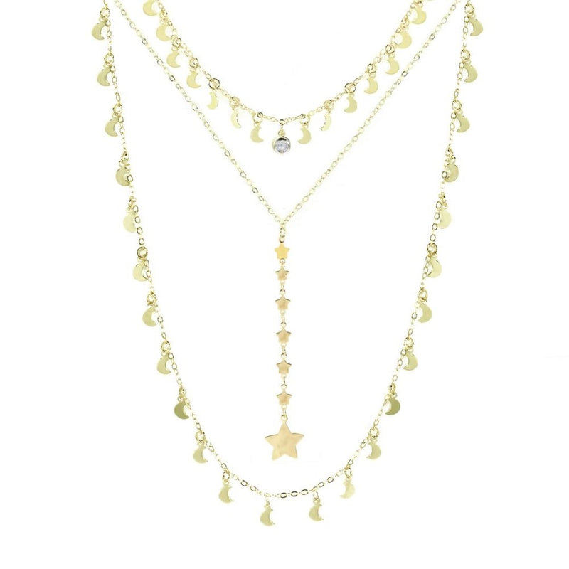 Mix 3 Colares Eclipse Lua e Estrelas Folheado a Ouro 18k Piuka