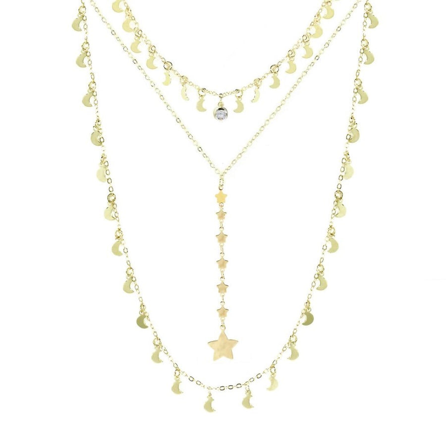 Mix 3 Colares Eclipse Lua e Estrelas Folheado a Ouro 18k Piuka