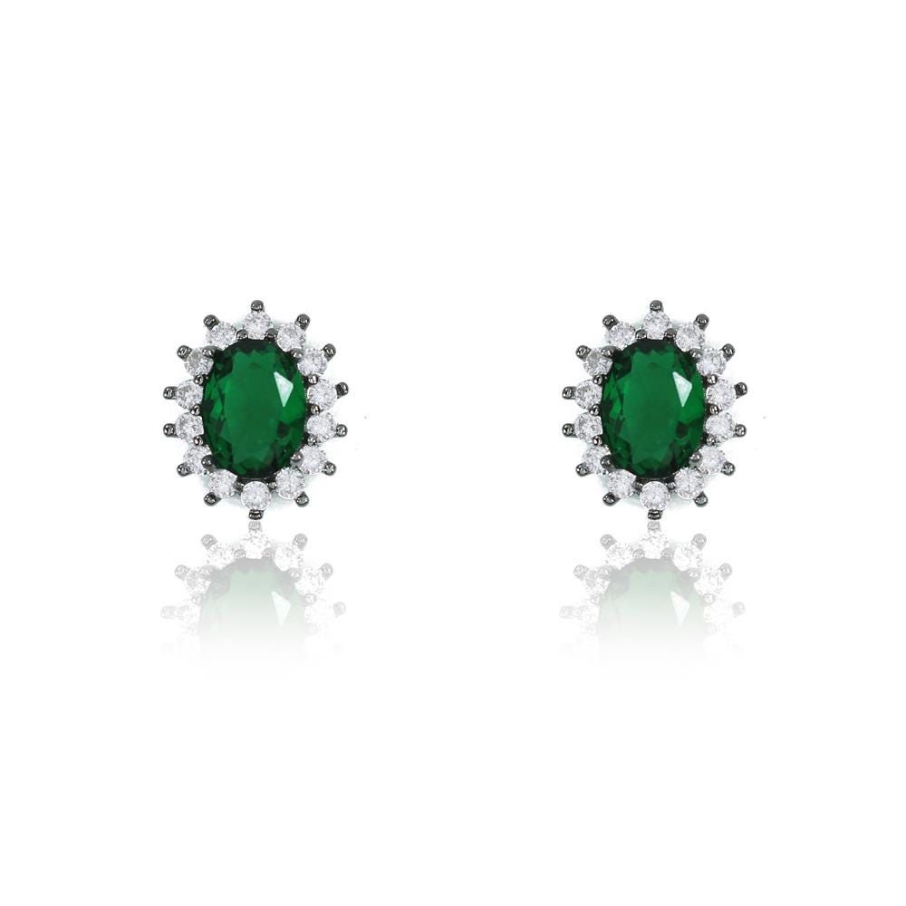 Brinco Piuka Oval Esmeralda Cravejado Zircônia Semijoia em Ródio Negro