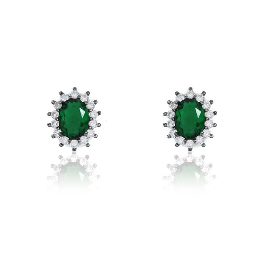 Brinco Piuka Oval Esmeralda Cravejado Zircônia Semijoia em Ródio Negro