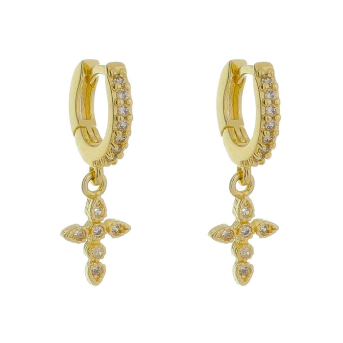 Brinco Argolinha Cruz Filipa Zircônias Folheado a Ouro 18k