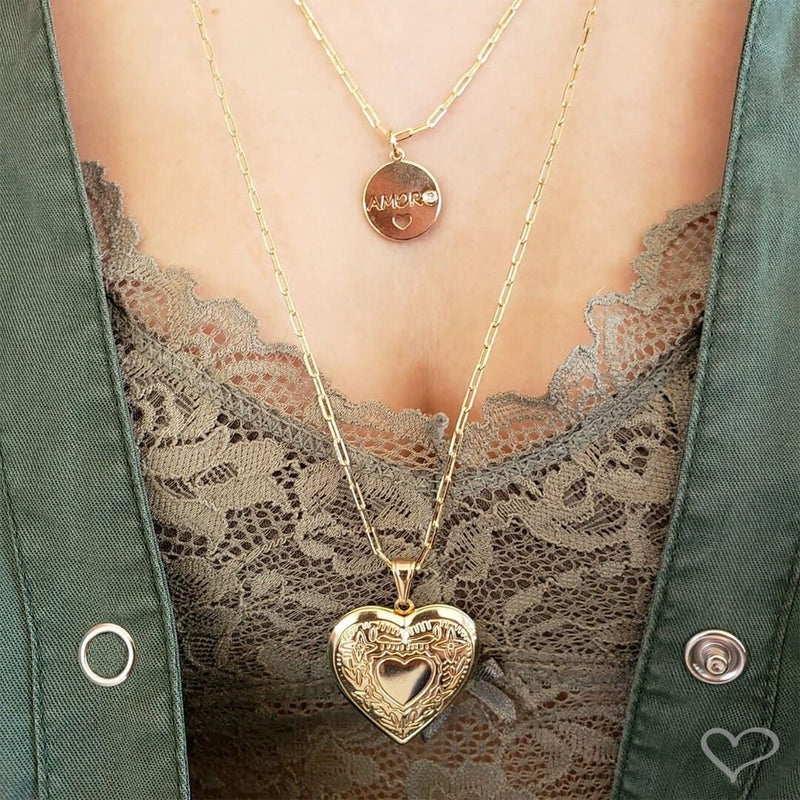 Colar de Coração Amore Relicário Folheado a Ouro 18k