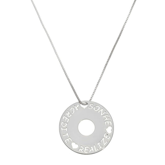 Colar Mandala Sonhe Acredite Realize Folheado em Ródio Branco